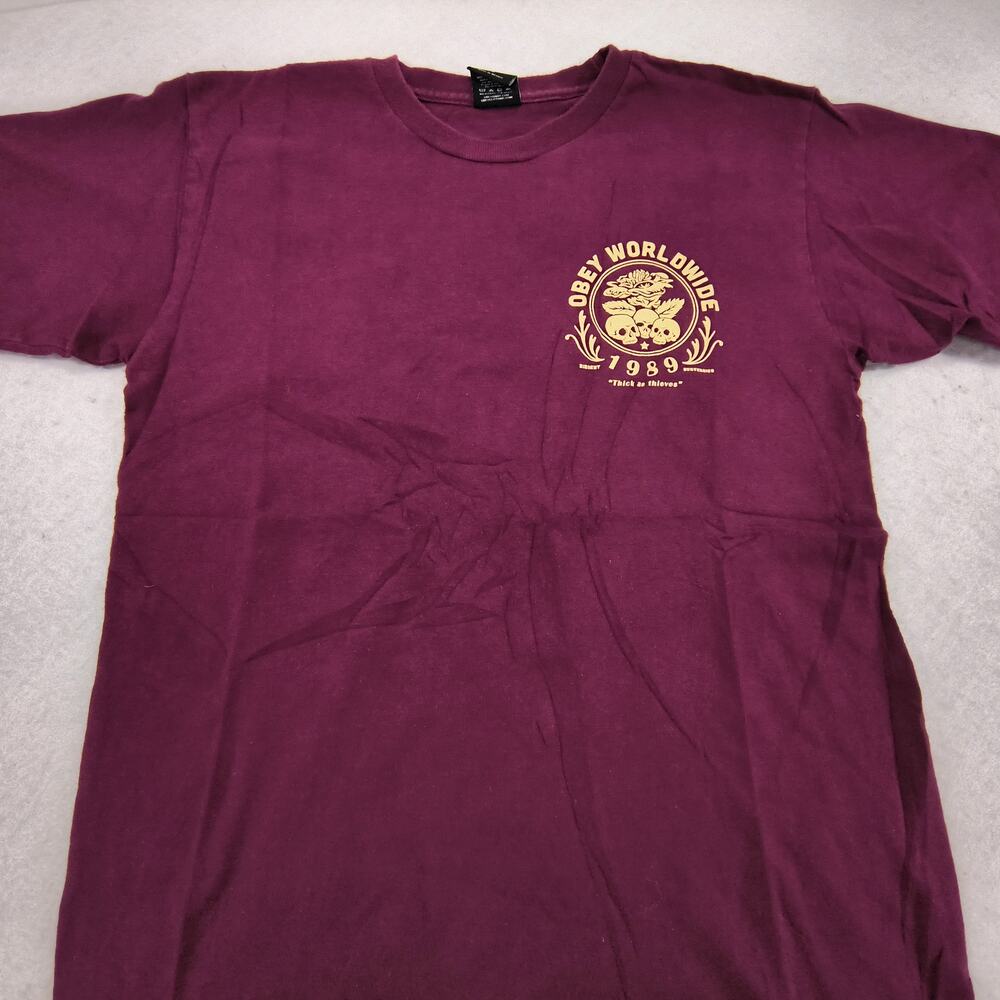 Obey Casual Crew Neck Short Sleeve Graphic Shirt Mens Size Small S Maroon
